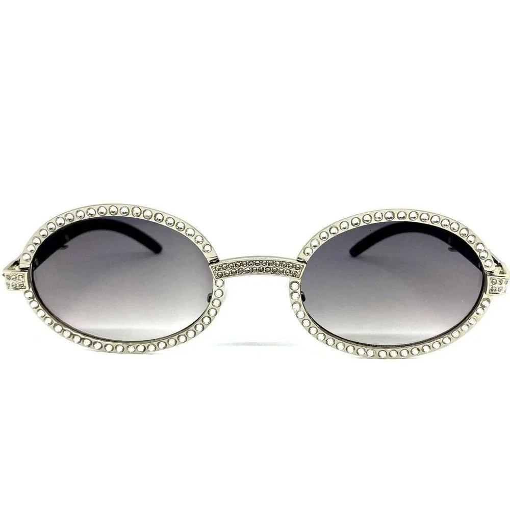 Rhinestone Sunglasses Silver Frame Black Lens Oval Frame Hiphop‎ Shades Men's
